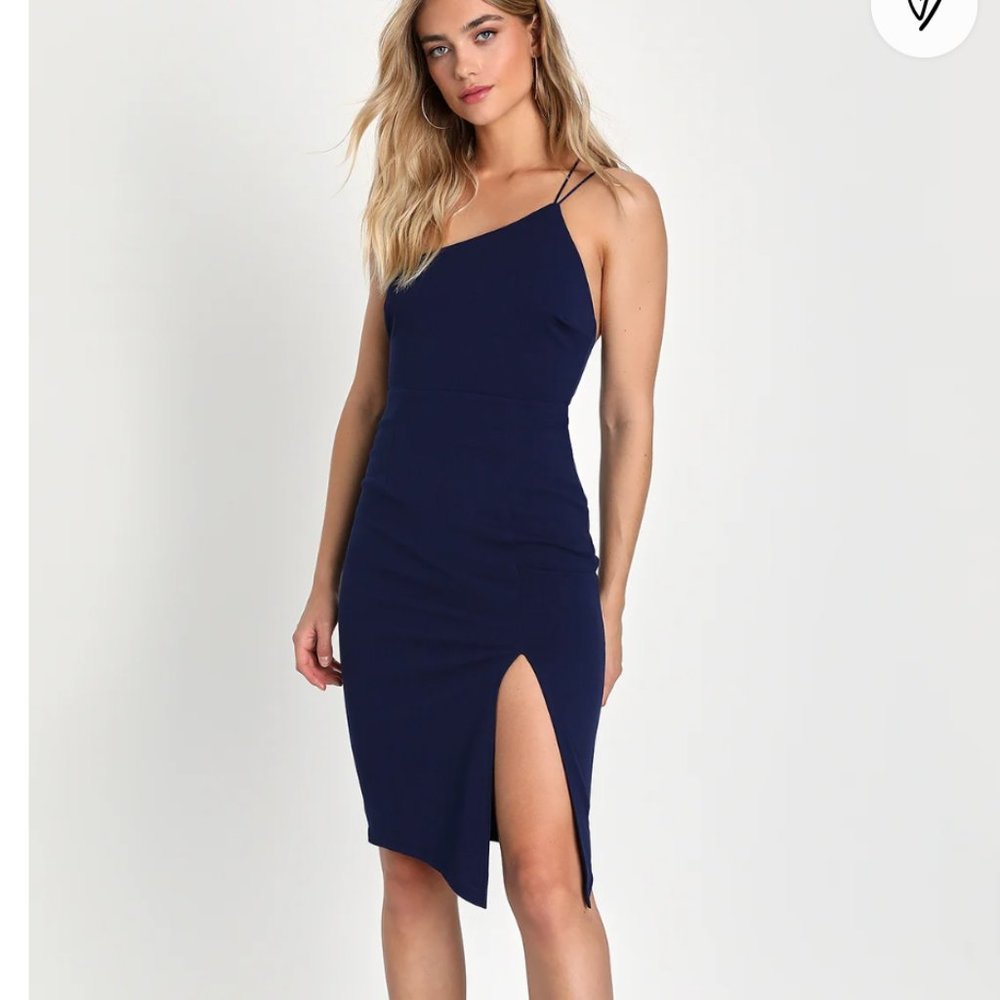 Lulu's Happiest Hour Navy Blue Asymmetrical Bodycon Midi Dress